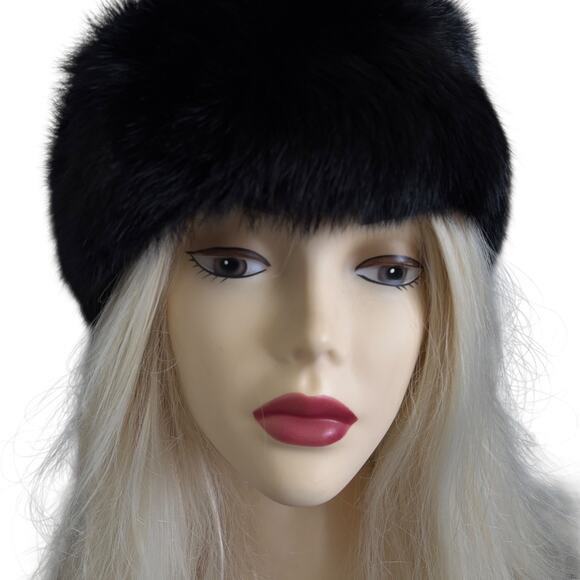 VTG Real Fur Headband Winter Russian Mob Wife Apres Lux Old Money Ski Black - Picture 1 of 7